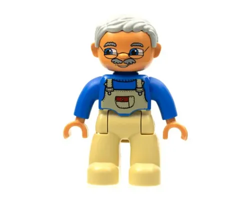 Duplo Figure Lego Ville, Male, Tan Legs, Blue Top with Tan Overalls Bib, Glasses, Light Bluish Gray Hair Image