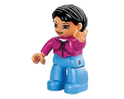 Duplo Figure Lego Ville, Female, Medium Blue Legs, Magenta Top, Black Hair, Brown Eyes Image