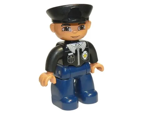 Duplo Figure Lego Ville, Male Police, Black Hat, Light Nougat Head and Hands, Brown Eyes, Black Shirt with Badge, Dark Blue Legs Image