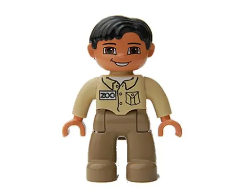 Duplo Figure Lego Ville, Male, Dark Tan Legs, Tan Top, Black Hair, Brown Eyes (Zoo Keeper) Image