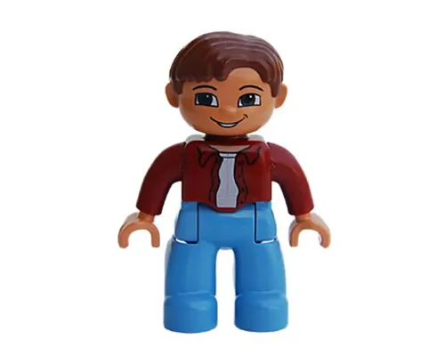 Duplo Figure Lego Ville, Male, Medium Blue Legs, Dark Red Top, Reddish Brown Hair, Blue Eyes Image