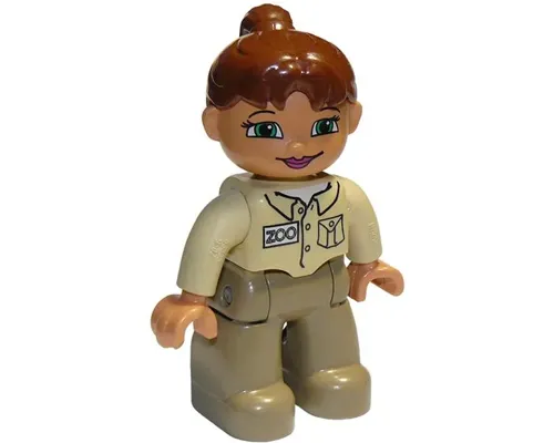 Duplo Figure Lego Ville, Female, Dark Tan Legs, Tan Top, Reddish Brown Ponytail Hair, Green Eyes (Zoo Keeper) Image