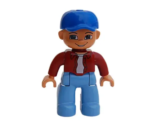 Duplo Figure Lego Ville, Male, Medium Blue Legs, Dark Red Top, Blue Baseball Cap Image