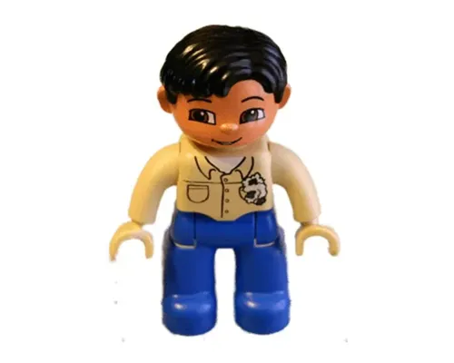 Duplo Figure Lego Ville, Male, Blue Legs, Tan Top with Buttons and Rag in Pocket, Black Hair, Tan Hands (Mechanic) Image