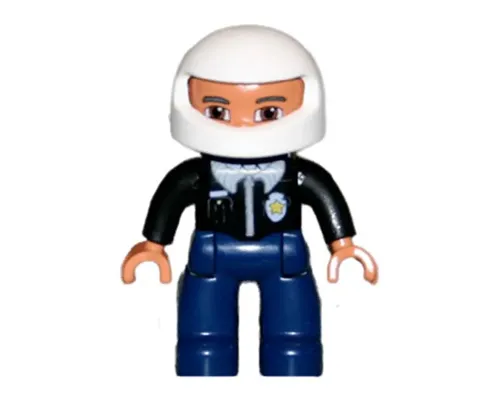 Duplo Figure Lego Ville, Male Police, Dark Blue Legs, Black Top with Badge, Black Arms, White Helmet, Dark Bluish Gray Eyebrows, Reddish Brown Eyes Image