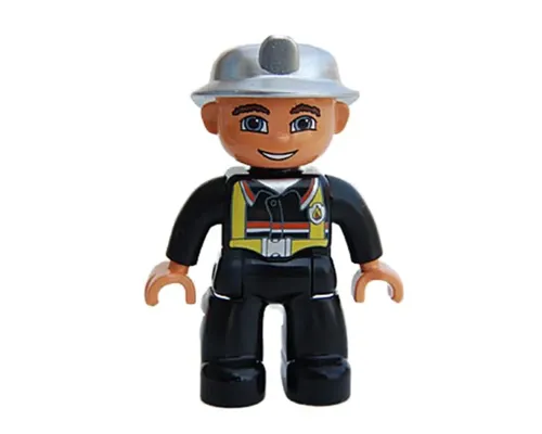 Duplo Figure Lego Ville, Male Fireman, Black Legs, Black Hands, Silver Helmet, Blue Eyes Image