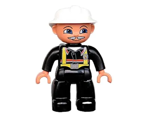 Duplo Figure Lego Ville, Male Fireman, Black Legs, Black Hands, White Helmet, Light Gray Moustache Image