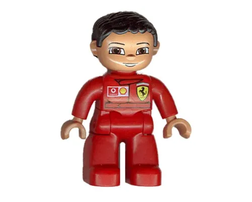 Duplo Figure Lego Ville, Male, Red Legs, Red Top with Ferrari / Shell / Vodafone Pattern, Black Hair (4242617) Image