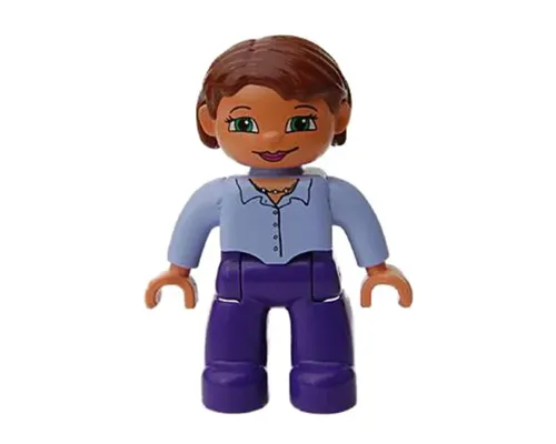 Duplo Figure Lego Ville, Female, Dark Purple Legs, Light Lilac Button Top with Necklace, Nougat Hands, Reddish Brown Hair, Green Eyes Image