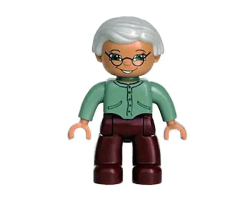 Duplo Figure Lego Ville, Female, Dark Red Legs, Sand Green Sweater, Very Light Gray Hair, Green Eyes, Glasses Image