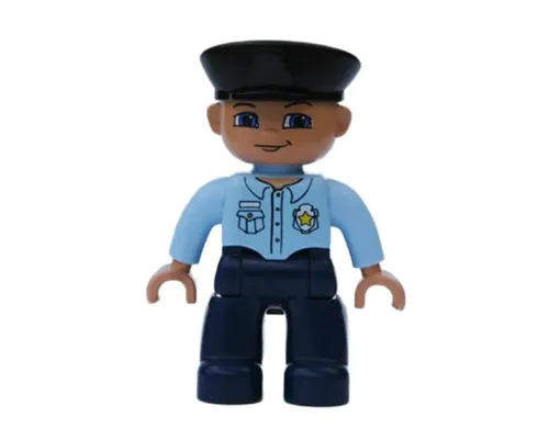 Duplo Figure Lego Ville, Male Police, Black Hat, Nougat Head and Hands, Bright Light Blue Shirt with Badge, Dark Blue Legs Image