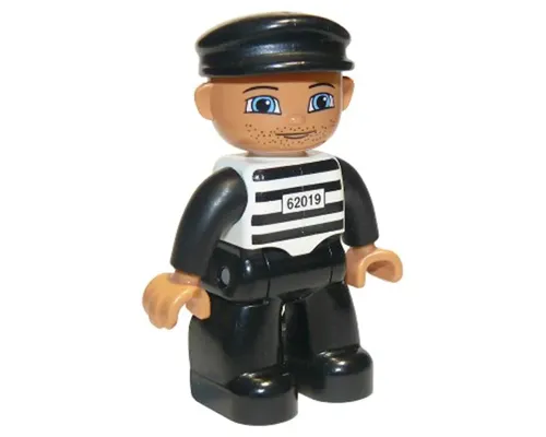 Duplo Figure Lego Ville, Male Prisoner, Black Cap, Light Nougat Head and Hands, Black and White Striped Shirt with '62019', Black Legs Image