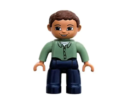 Duplo Figure Lego Ville, Male, Dark Blue Legs, Sand Green Top with Buttons, Reddish Brown Hair, Brown Eyes Image