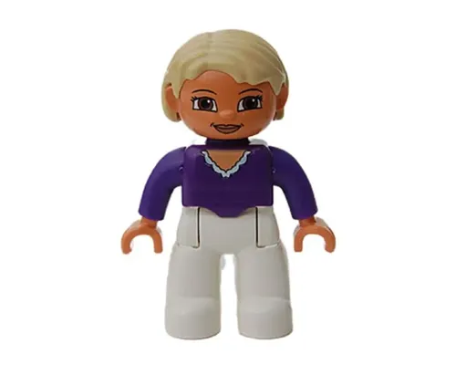 Duplo Figure Lego Ville, Female, White Legs, Dark Purple Top, Tan Hair, Brown Eyes Image