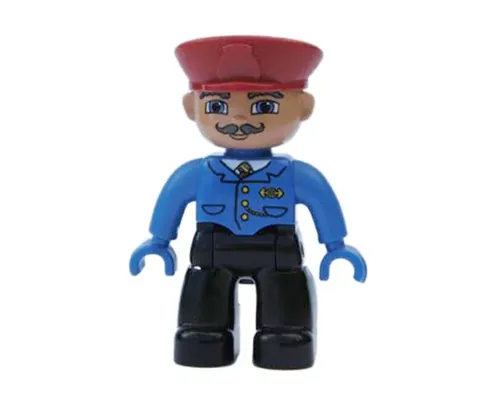 Duplo Figure Lego Ville, Male, Black Legs, Blue Jacket with Tie, Red Hat, Curly Moustache (Train Conductor) Image