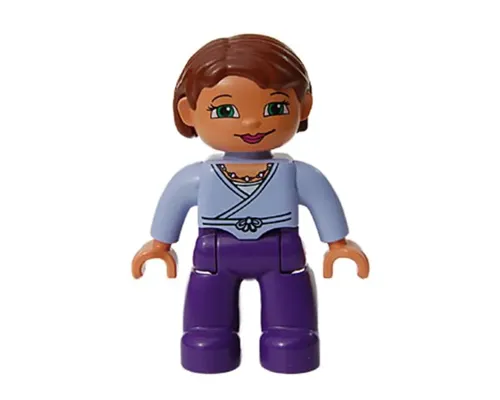 Duplo Figure Lego Ville, Female, Dark Purple Legs, Light Lilac Wrap Top with Necklace, Nougat Hands, Reddish Brown Hair, Green Eyes Image