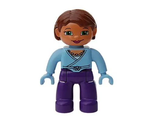 Duplo Figure Lego Ville, Female, Dark Purple Legs, Bright Light Blue Wrap Top with Necklace, Bright Light Blue Hands, Reddish Brown Hair, Green Eyes Image