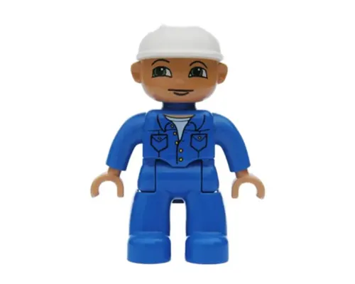 Duplo Figure Lego Ville, Male, Blue Legs, Blue Top with Pockets, White Construction Helmet, Green Eyes Looking Right Image