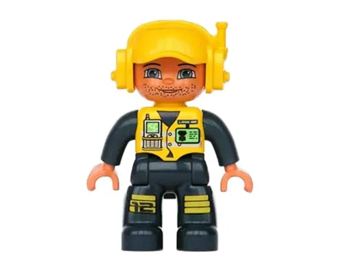 Duplo Figure Lego Ville, Male, Dark Blue Legs & Jumpsuit with Yellow Vest, Radio, ID Badge, Yellow Cap with Headset, Slight Smile Image