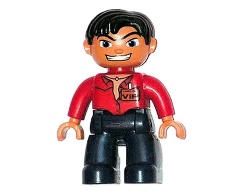 Duplo Figure Lego Ville, Male, Dark Blue Legs, Red Top with Open Collar, Black Hair, VIP Badge Image