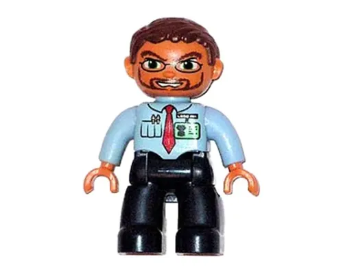 Duplo Figure Lego Ville, Male, Dark Blue Legs, Light Blue Top with Red Tie and ID Badge, Reddish Brown Hair, Beard, Glasses Image