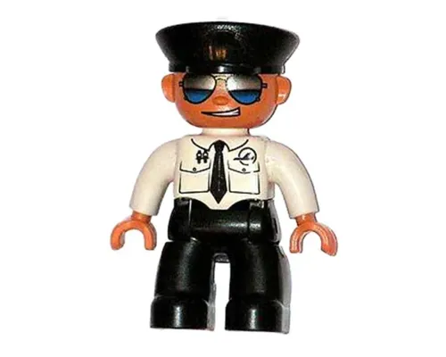 Duplo Figure Lego Ville, Male Pilot, Black Legs, White Top with Airplane Logo and Black Tie, Police Hat, Sunglasses Image