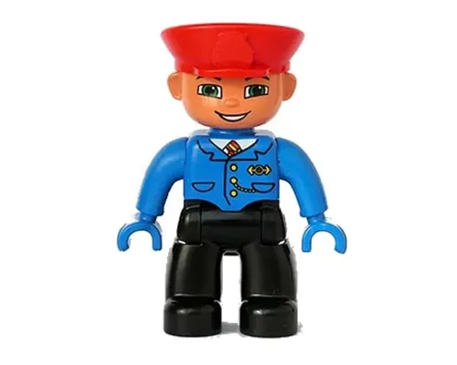 Duplo Figure Lego Ville, Male Train Conductor, Black Legs, Blue Jacket with Tie, Blue Hands, Red Hat, Smile with Teeth Image