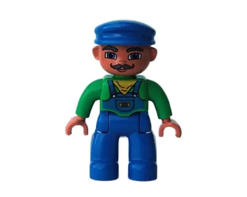 Duplo Figure Lego Ville, Male, Blue Legs, Green Top with Yellow Scarf, Blue Cap, Curly Moustache (Train Engineer) Image