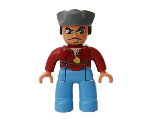 Duplo Figure Lego Ville, Male Pirate, Medium Blue Legs, Dark Red Top, Dark Bluish Gray Pirate Hat, Blue Eyes Image