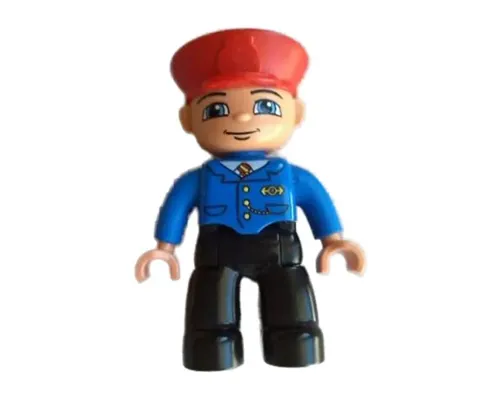 Duplo Figure Lego Ville, Male Train Conductor, Red Hat, Smile with Closed Mouth, Blue Jacket with Yellow and Red Tie, Black Legs Image