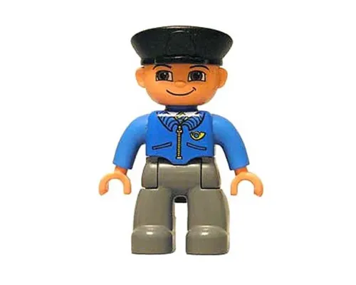 Duplo Figure Lego Ville, Male Post Office, Dark Bluish Gray Legs, Blue Jacket with Mail Horn, Black Police Hat Image