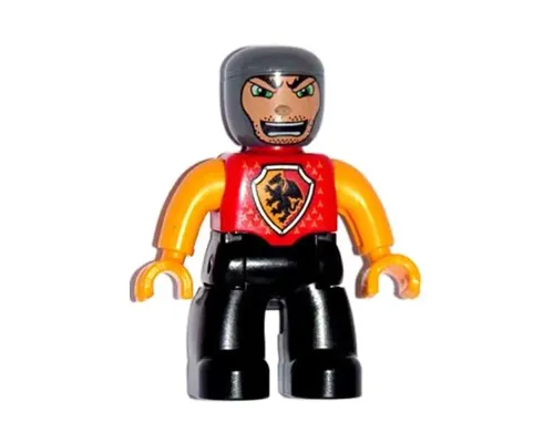 Duplo Figure Lego Ville, Male Castle, Black Legs, Red Chest with Dragon Shield, Bright Light Orange Arms and Hands, Stubble and Open Mouth Image