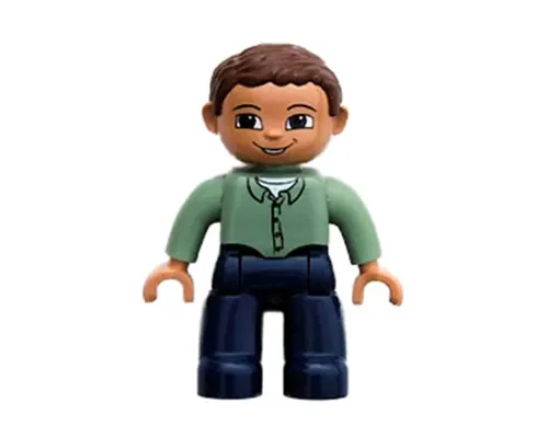 Duplo Figure Lego Ville, Male, Dark Blue Legs, Sand Green Top with Buttons, Reddish Brown Hair, Blue Eyes Image