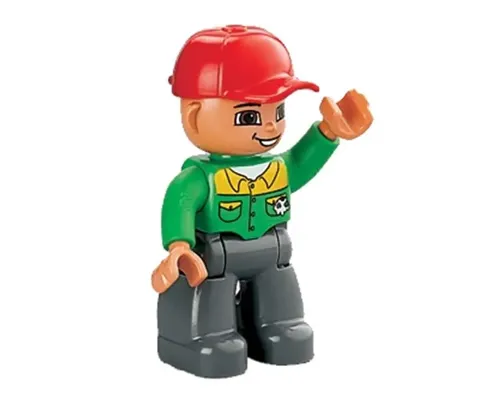 Duplo Figure Lego Ville, Male, Dark Bluish Gray Legs, Bright Green Button Down Shirt, Red Cap, Brown Eyes, Closed Mouth Smile (Mechanic) Image