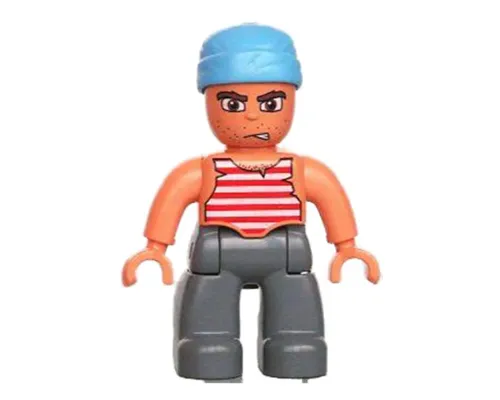 Duplo Figure Lego Ville, Male Pirate, Dark Bluish Gray Legs, Red and White White Striped Top, Medium Blue Cloth Wrap (Pirate) Image