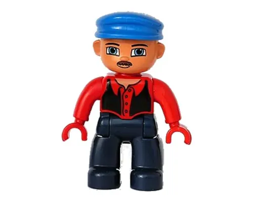 Duplo Figure Lego Ville, Male, Dark Blue Legs, Red Top with Black Vest, Red Hands, Blue Cap, Blue Eyes, Moustache Image