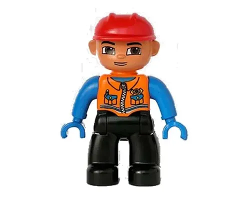 Duplo Figure Lego Ville, Male, Black Legs, Orange Vest with Two Pockets and Pen, Blue Hands, Red Construction Helmet (Train Engineer) Image