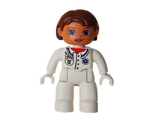 Duplo Figure Lego Ville, Female, Medic, White Legs, White Top with Pocket and EMT Star of Life Pattern, Reddish Brown Hair, Blue Eyes, White Hands Image