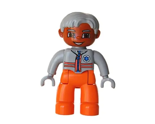 Duplo Figure Lego Ville, Male Medic, Orange Legs, Light Bluish Gray Top with Zipper and Stripes, Light Bluish Gray Hair, Light Bluish Gray Hands Image