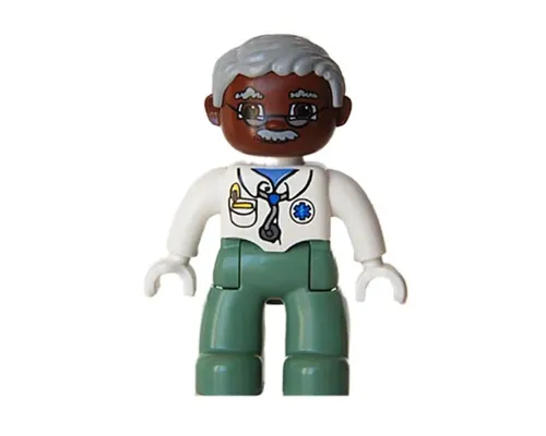 Duplo Figure Lego Ville, Male Medic, Sand Green Legs, White Top with Stethoscope, Light Bluish Gray Hair, Brown Head, Glasses, Moustache, White Hands Image