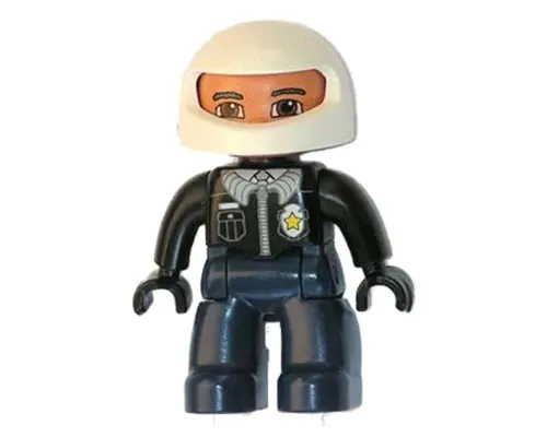 Duplo Figure Lego Ville, Male Police, Dark Blue Legs, Black Top with Badge, Black Arms and Hands, White Helmet Image