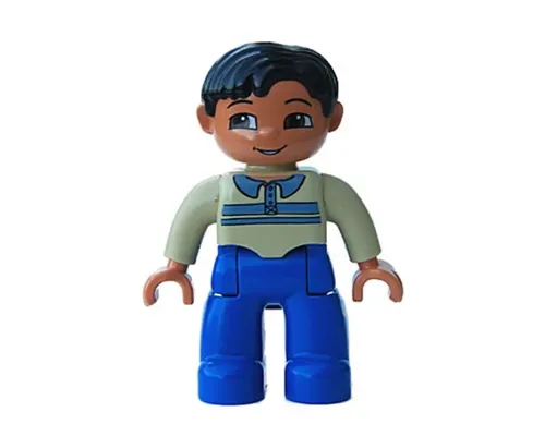 Duplo Figure Lego Ville, Male, Blue Legs, Tan Pullover with Buttons and Stripes, Black Hair, Brown Eyes, Nougat Hands Image