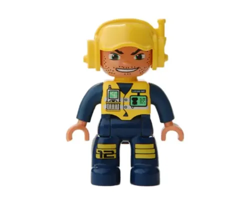 Duplo Figure Lego Ville, Male, Dark Blue Legs & Jumpsuit with Yellow Vest, Radio, ID Badge, Yellow Cap with Headset, Wide Smile Image