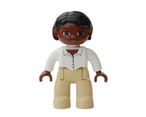 Duplo Figure Lego Ville, Female, Tan Legs, White Top with Buttons and Necklace, Black Hair, Brown Head Image