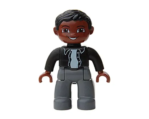 Duplo Figure Lego Ville, Male, Dark Bluish Gray Legs, Black Top with Buttons, Black Hair, Brown Head Image