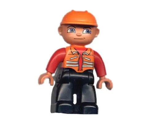 Duplo Figure Lego Ville, Male, Black Legs, Orange Vest, Orange Construction Helmet, Red Hands Image