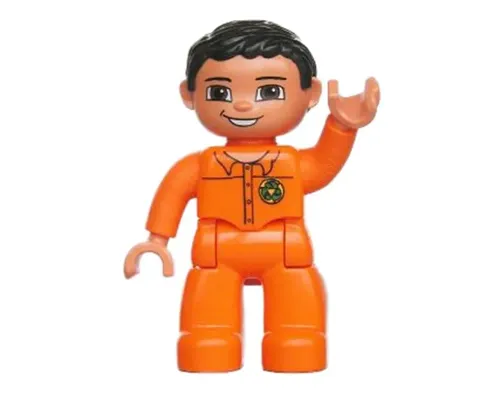 Duplo Figure Lego Ville, Male, Orange Legs, Nougat Hands, Orange Top with Recycle Logo, Black Hair, Blue Eyes Image