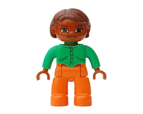 Duplo Figure Lego Ville, Female, Orange Legs, Bright Green Top with Buttons and Pockets, Reddish Brown Hair, Brown Eyes Image