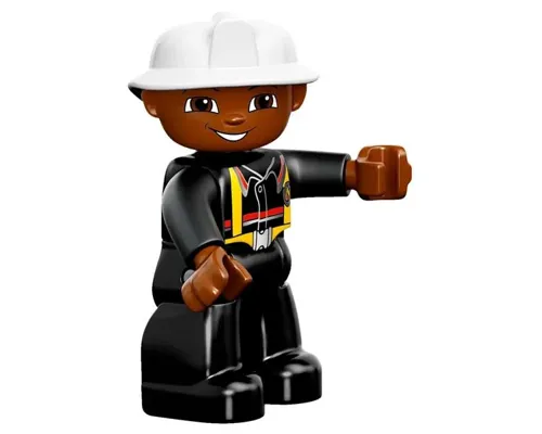 Duplo Figure Lego Ville, Male Fireman, Black Legs, Brown Hands, White Helmet, Brown Face Image