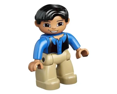 Duplo Figure Lego Ville, Male, Tan Legs, Blue Top, Black Vest, Black Hair Image